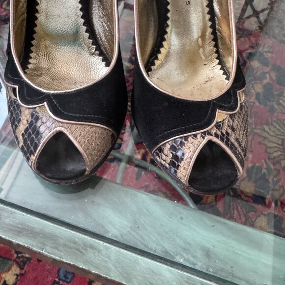 Marc by Marc Jacobs Peep‎ Toe Heels Black Suede SnakeSkin Print Sz EU 38 US 7.5 - Picture 6 of 12